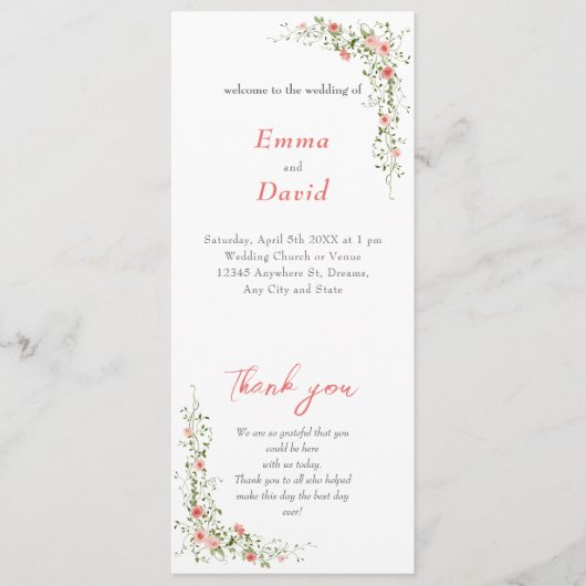 Elegante botanische roze rozen Script Bruiloft Programmakaart (Voorkant)