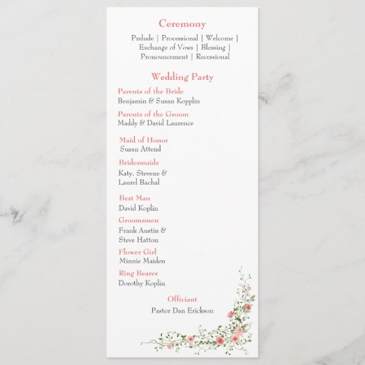 Elegante botanische roze rozen Script Bruiloft Programmakaart (Achterkant)