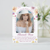 elegante botanische roze script afstudeerfoto bedankkaart (Staand voorkant)