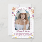 elegante botanische roze script afstudeerfoto bedankkaart (Voorkant)