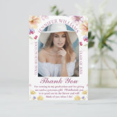 Elegante botanische roze script afstuderen foto bedankkaart (Staand voorkant)
