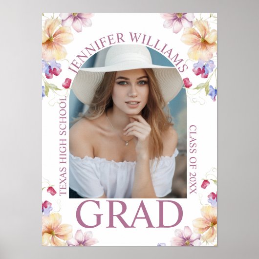 Elegante botanische roze script foto afstuderen poster (Voorkant)