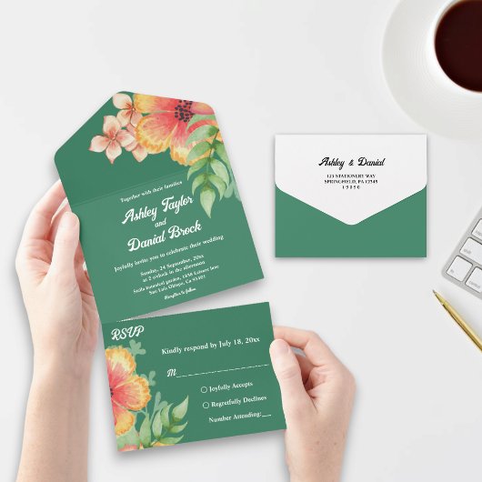 Elegante Botanische Rozen Groene Herfst Bloemenbru All In One Uitnodiging