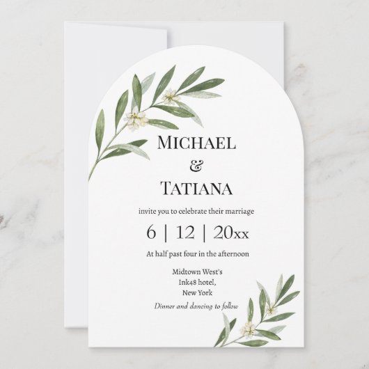 Elegante Botanische RSVP QR Code Arch Fotobruiloft Kaart (Voorkant)