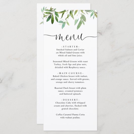 Elegante Botanische Salie Groen Eucalyptus Script Menu (Voorkant / Achterkant)