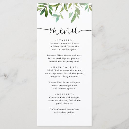 Elegante Botanische Salie Groen Eucalyptus Script Menu (Voorkant)