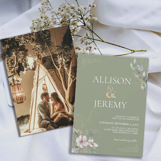 Elegante Botanische Salie Groen Goud Bruiloft Uitn Kaart