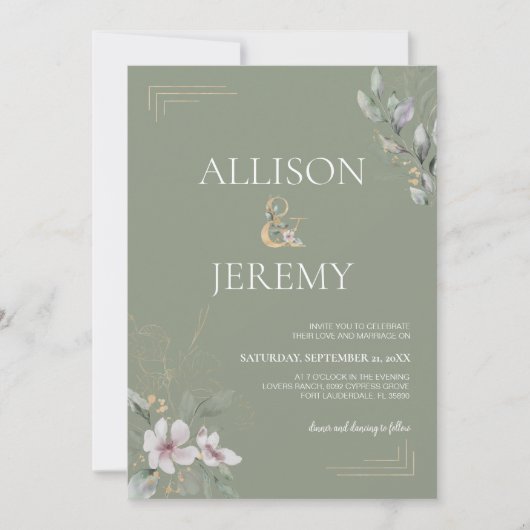 Elegante Botanische Salie Groen Goud Bruiloft Uitn Kaart (Voorkant)