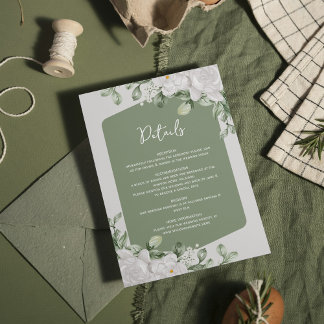 Elegante botanische saliegroen witte bloemendesign informatiekaartje