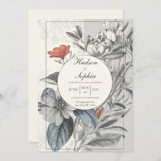 Elegante botanische schets bruiloft uitnodiging (Voorkant / Achterkant)