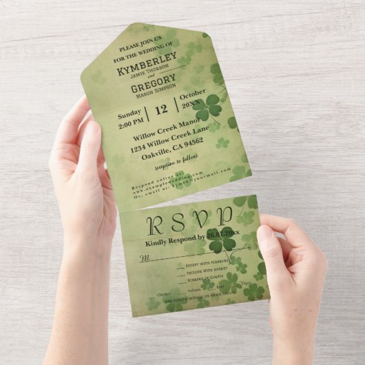 Elegante Botanische Shamrock Clover Ierse Keltisch All In One Uitnodiging (Afscheurbaar)
