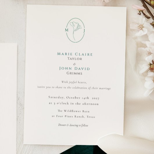 Elegante Botanische Smaragd Monogram Bruiloft Kaart