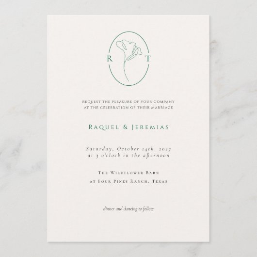 Elegante Botanische Smaragd Monogram Huwelijk Kaart (Voorkant)