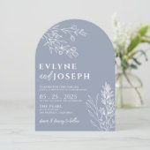 Elegante Botanische Stofblauwe Boho Gebogen Huweli Kaart (Staand voorkant)