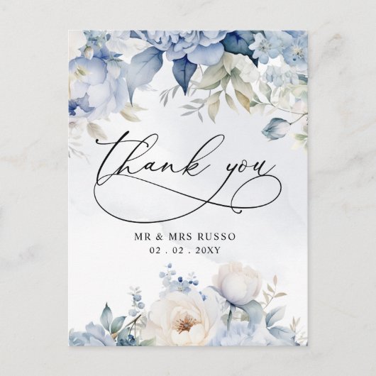 Elegante Botanische Stoffige Blauwe Bloemen Dank u Briefkaart (Voorkant)