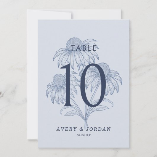 Elegante Botanische Stoffige Blauwe Trouwtafel Num Kaart (Voorkant)