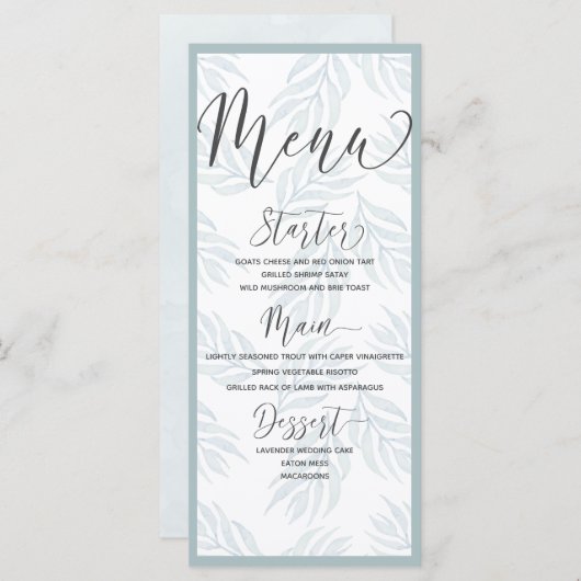 Elegante botanische stoffige blauwe Waterverf brui Menu (Voorkant / Achterkant)