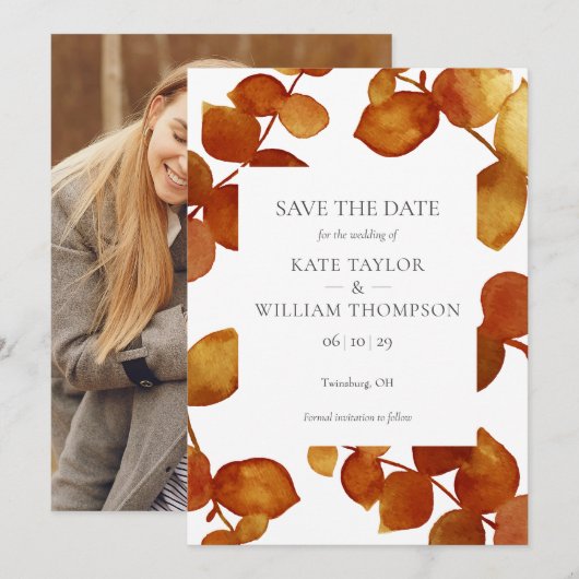 Elegante botanische terracotta bladeren foto save the date (Voorkant / Achterkant)