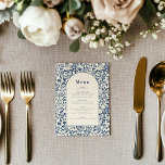 Elegante botanische thema blauw en crème boog menu<br><div class="desc">Verhoog uw huwelijksreceptie met dit elegante menu met botanische thema, ontworpen om een klassiek en tijdloos feest aan te vullen. De verfijnde bloemenrand in diepblauw lijst is de centrale tekst en biedt een sierlijke en verfijnde presentatie voor uw gasten. Met een crèmekleurig, op vintage geïnspireerd achtergrondontwerp brengt het een vleugje...</div>