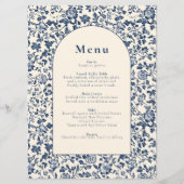 Elegante botanische thema blauw en crème boog menu (Voorkant)