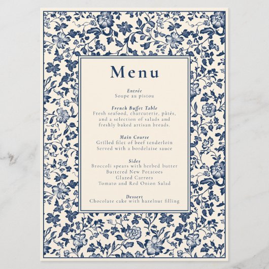 Elegante botanische thema blauw en crème menu (Voorkant)