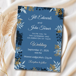 Elegante botanische trouwuitnodiging blauw  kaart