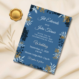 Elegante botanische trouwuitnodiging blauw kaart