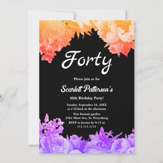 Elegante Botanische Tuin Neon Bloemen 40e Verjaard Kaart (Voorkant)