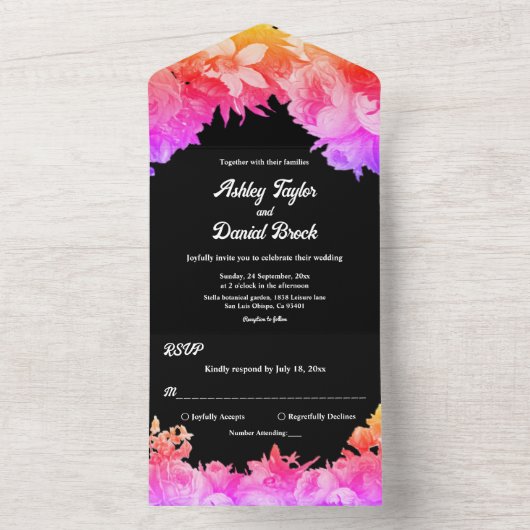 Elegante Botanische Tuin Neon Licht Bloemen Bruilo All In One Uitnodiging (Binnen)