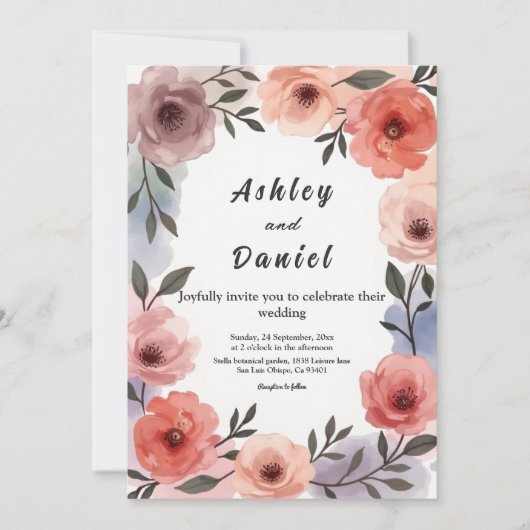 Elegante Botanische Tuin Waterverf Bloemenbruiloft Kaart (Voorkant)