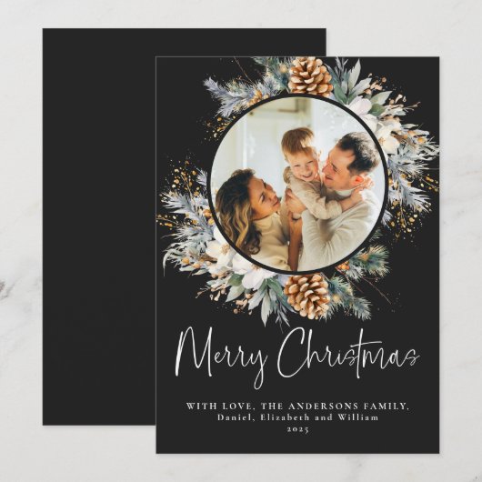 Elegante botanische typografie | Zwarte kerst Feestdagenkaart (Voorkant / Achterkant)