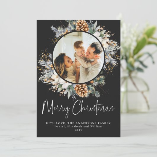 Elegante botanische typografie | Zwarte kerst Feestdagenkaart (Staand voorkant)