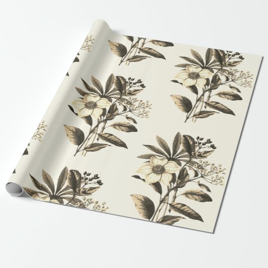 Elegante Botanische Vintage Kerst Roos Cadeaupapier (Uitgerold)