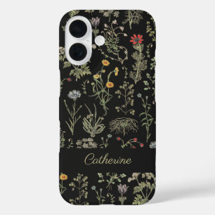 Elegante Botanische Vintage Wilde Bloemen Naam Zwa iPhone 16 Hoesje