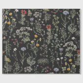 Elegante Botanische Vintage Wildflowers Zwart Cadeaupapier (Vlak)