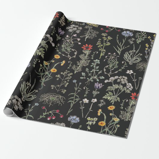 Elegante Botanische Vintage Wildflowers Zwart Cadeaupapier (Uitgerold)