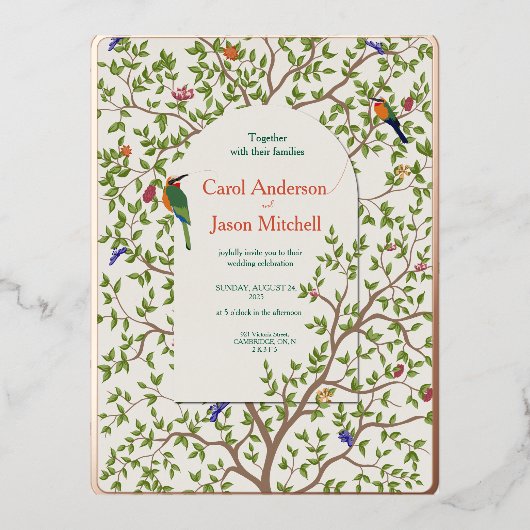 Elegante botanische vogel bruiloft uitnodiging (Voorkant)
