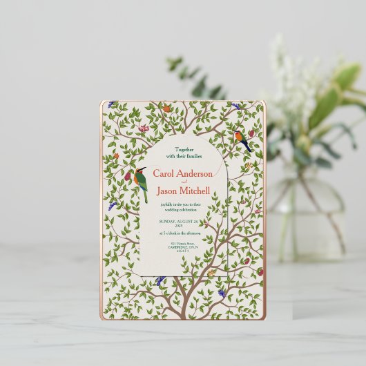 Elegante botanische vogel bruiloft uitnodiging (Staand Voorkant)