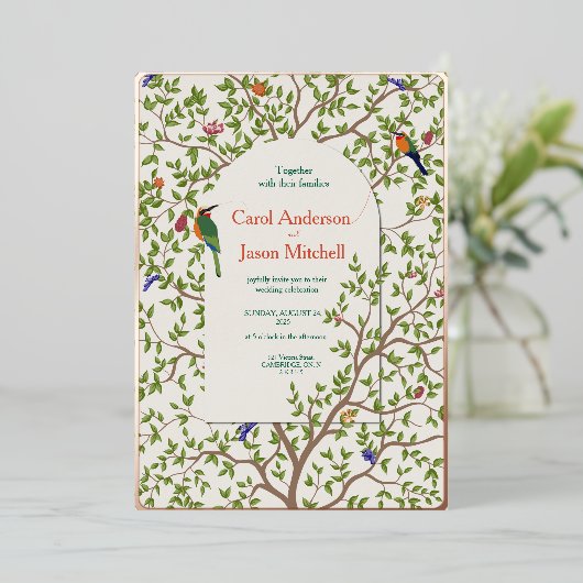 Elegante botanische vogel bruiloft uitnodiging (Staand Voorkant)