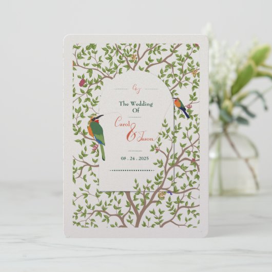 Elegante Botanische Vogel Menu Sjabloon – Huwelijk (Staand voorkant)