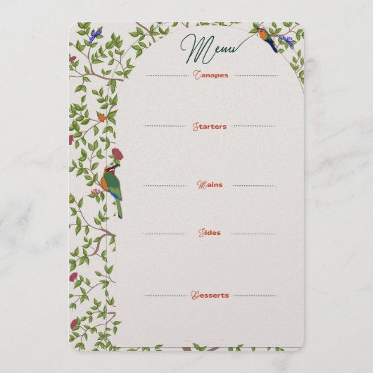 Elegante Botanische Vogel Menu Sjabloon – Huwelijk (Achterkant)