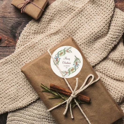 Elegante Botanische Vrolijke Kerstkrans Ronde Sticker