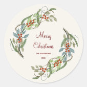 Elegante Botanische Vrolijke Kerstkrans Ronde Sticker (Voorkant)