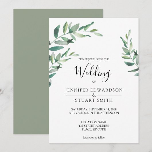 Elegante botanische waterverf bladeren bruiloft kaart (Voorkant / Achterkant)