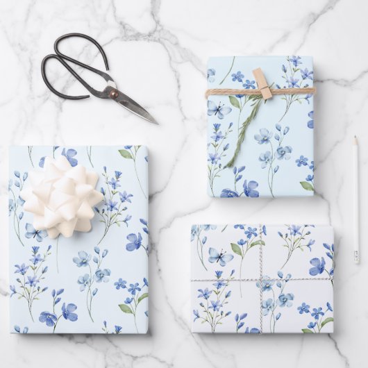 Elegante botanische waterverf pastelblauwe bloemmo inpakpapier vel (Voorkant)
