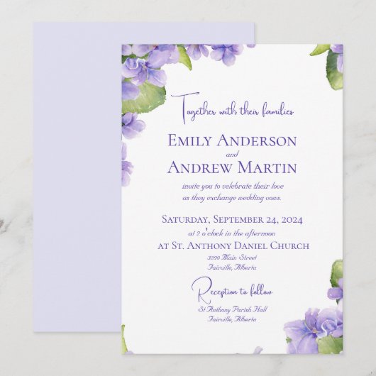 Elegante Botanische Waterverf Violets Bruiloft Kaart (Voorkant / Achterkant)