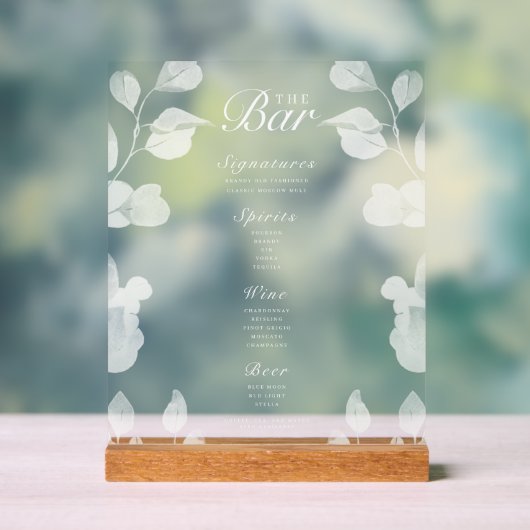 Elegante Botanische Wedding Bar Menu Acryl Teken Acryl Bord (Neutraal)