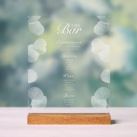 Elegante Botanische Wedding Bar Menu Acryl Teken Bord (Neutraal)