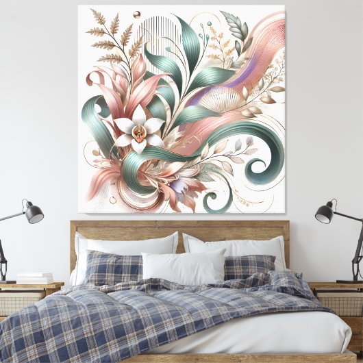 Elegante Botanische Werveling Bloemen Canvas Muurk (Insitu (Slaapkamer))