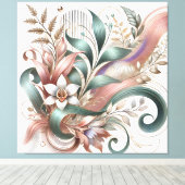 Elegante Botanische Werveling Bloemen Canvas Muurk (Insitu (Houten vloer))